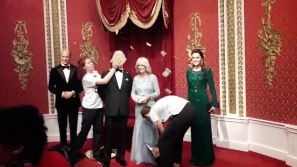 Activists throw pie at a wax statue of King Charles III at Madame Tussauds |  pop art